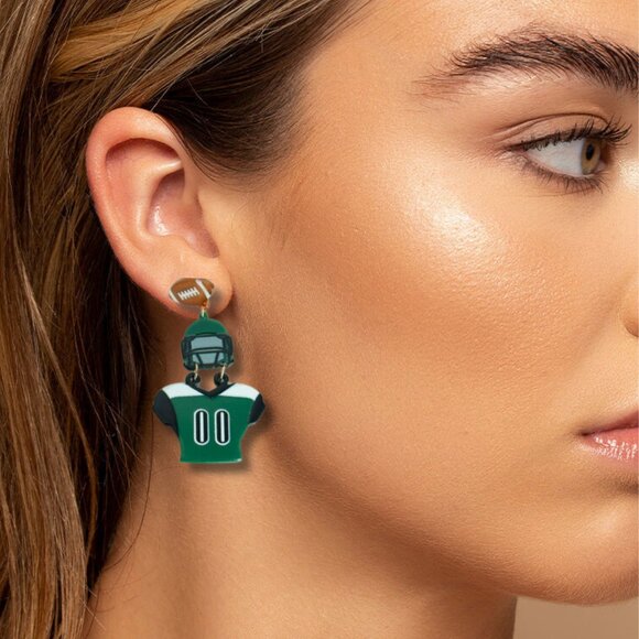 Philadelphia Eagles Green Football Jersey Acrylic Drop Gameday Earrings - Picture 2 of 2
